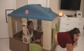 Petite Chick Is Trying Threesome Incest In Dog House!