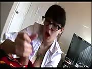 Busty Tattooed Nerd Girl Gives Great Handjob