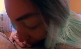 Busty Bluehaired Babe Sucks Him Before School