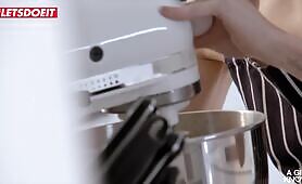 A Girl Knows Lesbian Threesome Fun In Kitchen