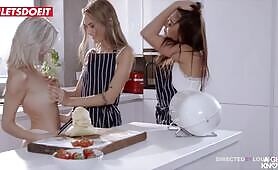 A Girl Knows Lesbian Threesome Fun In Kitchen