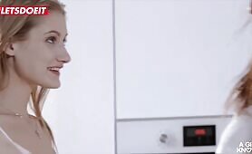 A Girl Knows Lesbian Threesome Fun In Kitchen