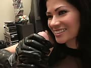 Cute Brunette With Vinyl Gloves Jerks Off A Fat Cock