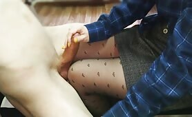 Stroking Boss's Saggy Mature Cock In Stockings